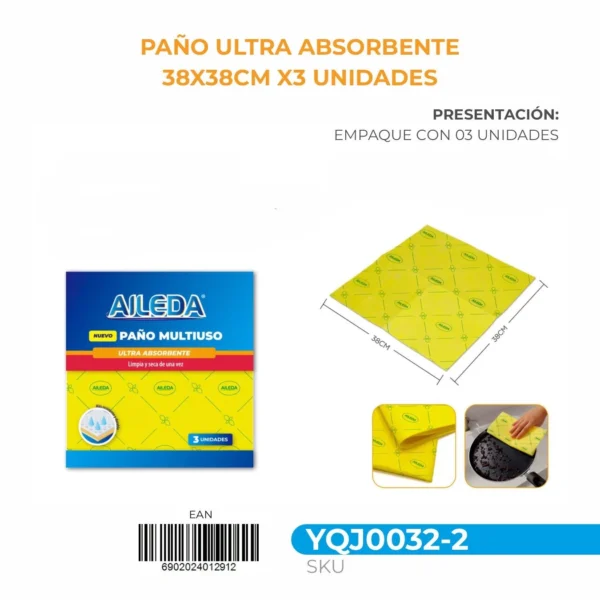 Paño ultra absorvente amarillo AILEDA PAÑO AMARILLO ABSOR 38X38CM 3UND